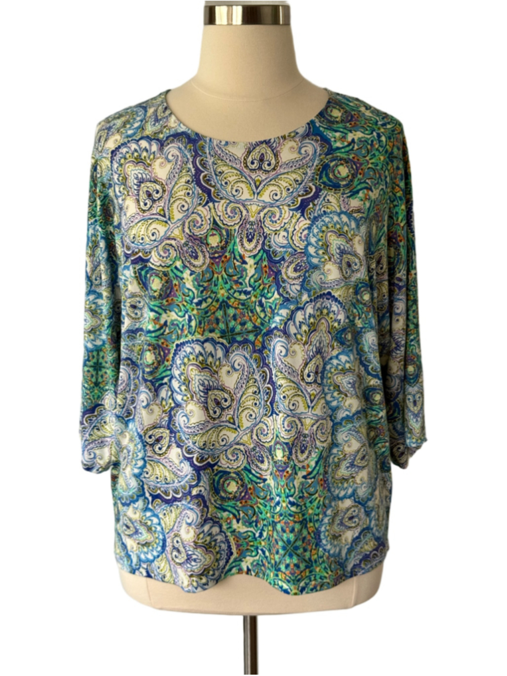 Chico's Paisley Print 3/4 Sleeve Blouse, Blue and Green Size 18/20 (Chico's 4)